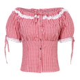 thumbnail image 6 of Women's Oktoberfest Plaid Lace Patchwork Short Sleeve Shirt With Button Decoration Slim Fit Bavarian Top, 6 of 9