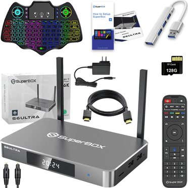 Super Box S6 Ultra Full Loaded TV Box 4G RAM & 128G Storage with USB Hub, Keyboard, 128G TF Card, Voice Remote, Audio Cable, HDMI Cord, Power Supply and Manuals