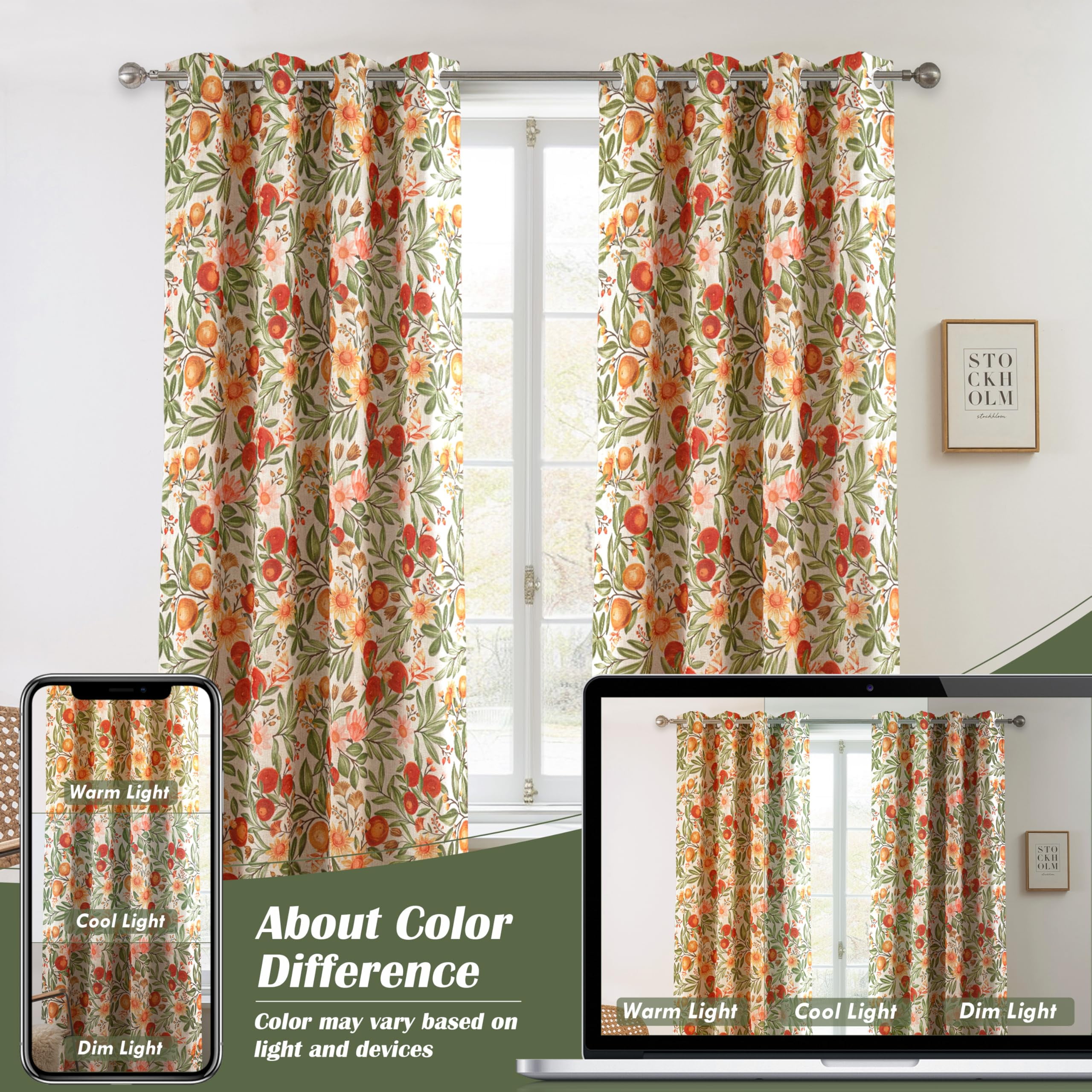 DriftAway Orange Harvest Floral Linen Blackout Curtains Double Layer Thermal Insulated Autumn Fall Printed Patterned Vintage Grommet Lined Drapes for Living Room 2 Panels 63 Inches Orange Coral Gold