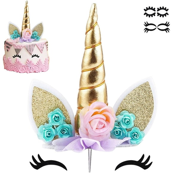 Unicorn Cake Topper with Eyelashes Party Cake Decoration Supplies for Birthday Party, Wedding, Baby Shower, 5.8 inch - -