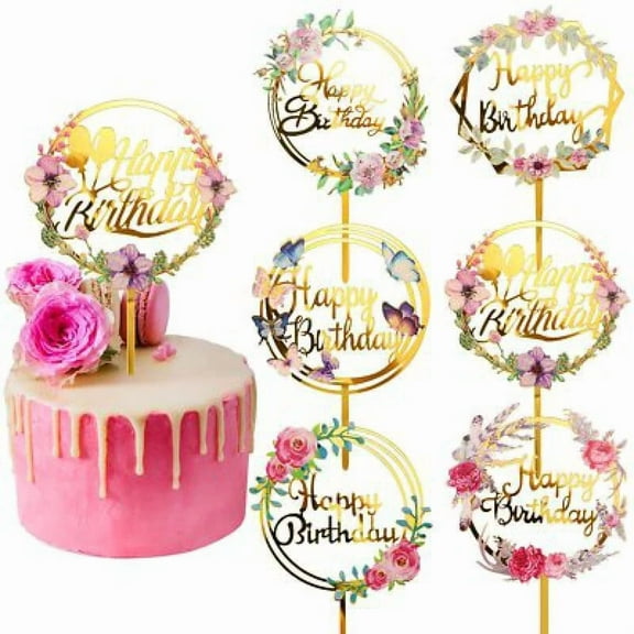 6Pcs Happy Birthday Cake Toppers Gold Flower Acrylic Cake Toppers Acrylic Decor