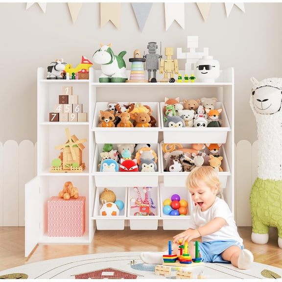 Kids Toy Storage Organizer, 4-Tier Toddler Bookshelf with 8 Removable Toy Bins & 3 Storage Cubbies, Toy Organizers and Storage, Kid Bookshelf for Study Room, Bedroom, Kids Room, Classroom, Nursery