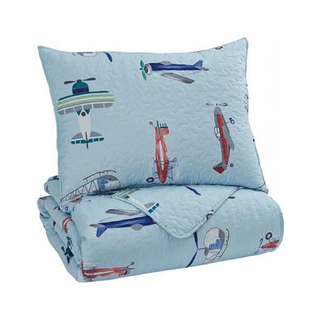 Benjara BM227607 Aircraft Print Fabric Upholstered 2 Piece Full Quilt Set, Multi Color