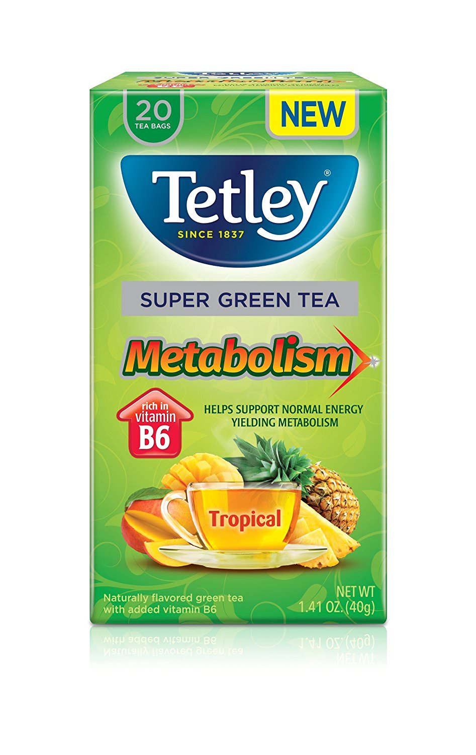 (2 Pack) Tetley, Super Green Tea Metabolism, Tropical, Tea Bags, 20 Count