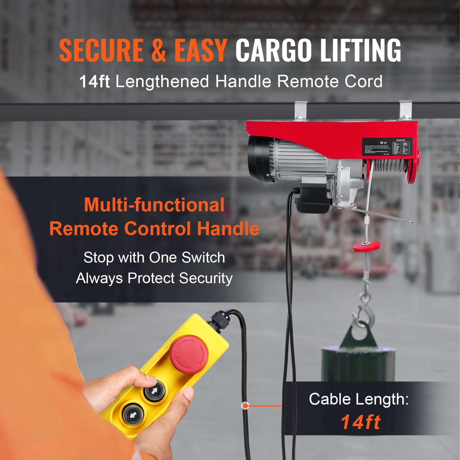 KFFKFF Electric Hoist 1760lbs Crane Winch with Wired Remote Control 1450W 110V