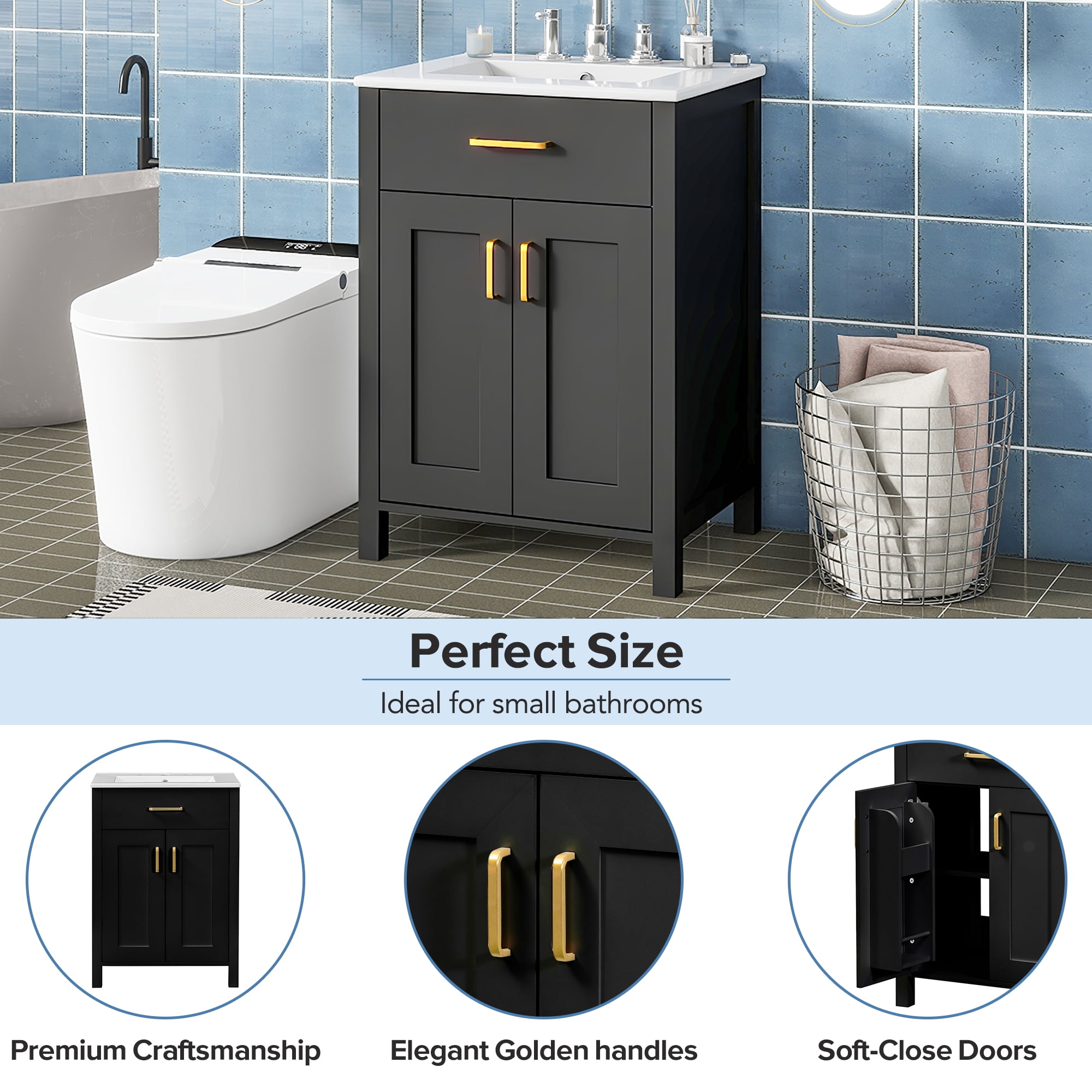 Harper & Bright Designs 24" Bathroom Vanity Combo with Ceramic sink, Small Bathroom Vanity Cabinet with 2 Storage Soft Close Doors, Black