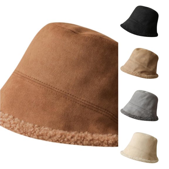 XIAOCHA Womens Sherpa‑ Bucket Hat Solid Sun Hat Warm Winter Daily Casual Hat,Brown