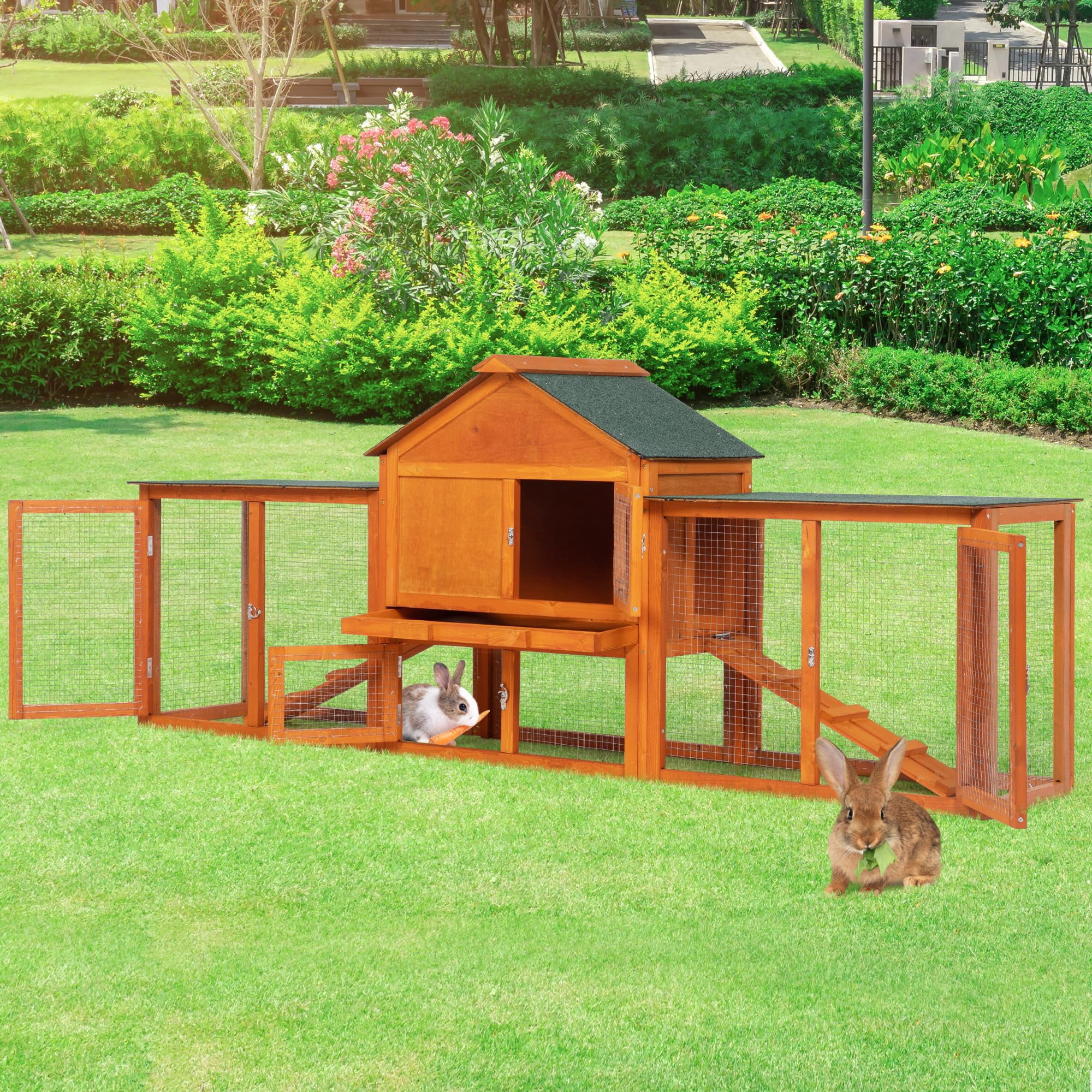 82 Inch Large Wooden Rabbit Hutch Bunny Cage Indoor Outdoor Easy Assemble Durable with Pull Out Cleaning Tray Waterproof Roof for Small Medium Pets Duck Chick Guinea Pig, Orange