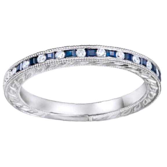 Simulated Blue Sapphire & White Diamond Anniversary Band Ring In 14K Solid White Gold (0.12 Ct), Size-4 By Jewel Zone US