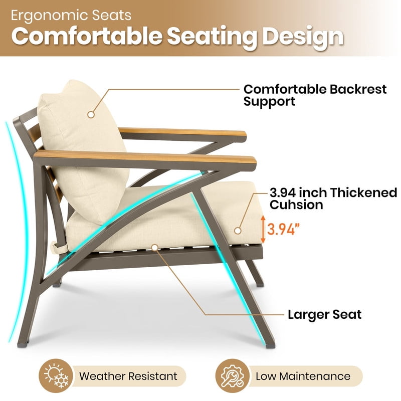 6-Piece Outdoor Patio Furniture Set, Steel Frame Outdoot Sectional Sofa Set with 3-Seat Couch, 2 Armchairs, 2 Ottomans & Acacia Wood Coffee Table for Backyard, Garden, Poolside