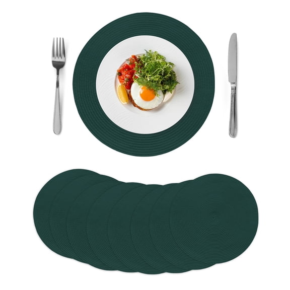 Pure Dark Green Round Placemats Set of 8 for Dinning Tables, Heat-proof Braided Table Mats 13 Inch, Simple Solid Color Washable Place Mat for Kitchen Restaurant Party Decor Supplies Table Setting