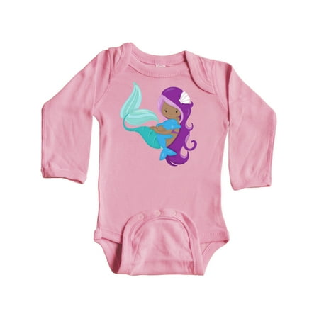 

Inktastic African American Mermaid With Purple Hair Dolphin Gift Baby Girl Long Sleeve Bodysuit