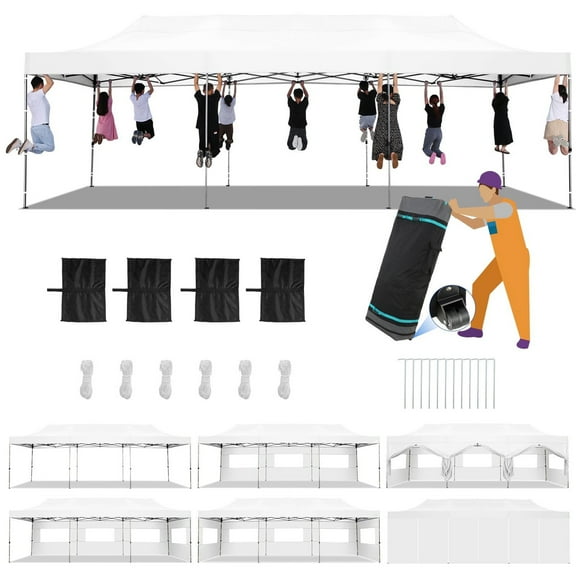 COBIZI 10x30 Heavy Duty Canopy Pop up Commercial Canopy Tent with 8 Sidewalls,Outdoor Carport with Roller Bag,Pop up Tents for Parties,Wedding,Commercial,Events,White(Frame Thickened)