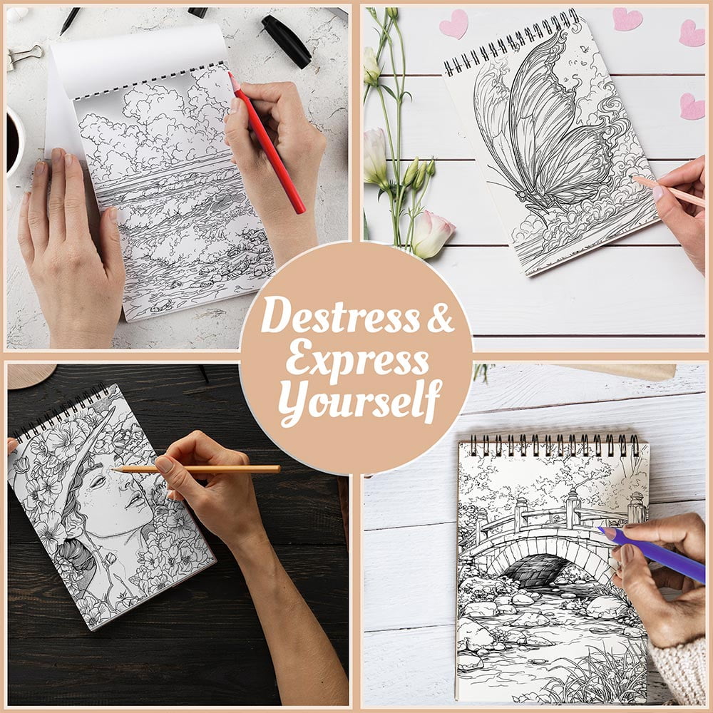 Netecom Exhale Coloring Book Spiral Bound For Adults, A5 Wooden Cover, 30 Gentle Coloring Pages of Peaceful Scenes for Stress Relief and Relaxation