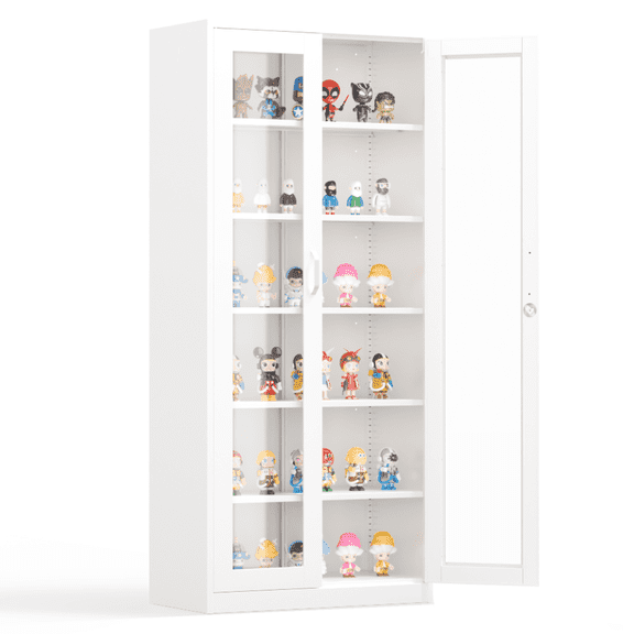 Ktaxon 6-Tier Display Cabinet with Glass Doors & 5 Adjustable Shelves, 71"H Curio Case for Collectibles, Metal Storage Cabinet for Home Office Living Room Pantry Garage, White