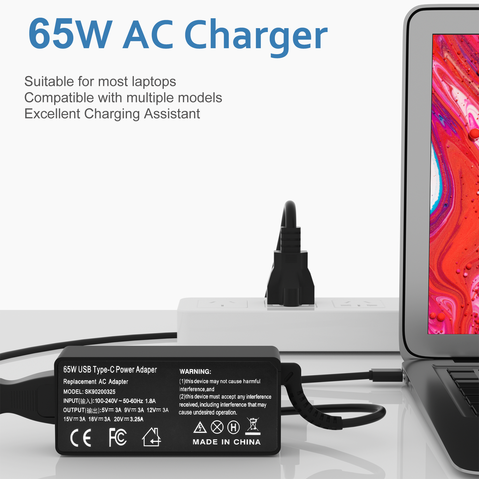 Chargeur USB-C 65W Compatible Lenovo - Pour ThinkPad, Yoga, Chromebook - Adaptateur Secteur Portable