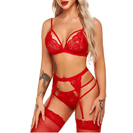 

Women Lingerie Set Lace Strap Babydoll Bodysuit with Garter Belts