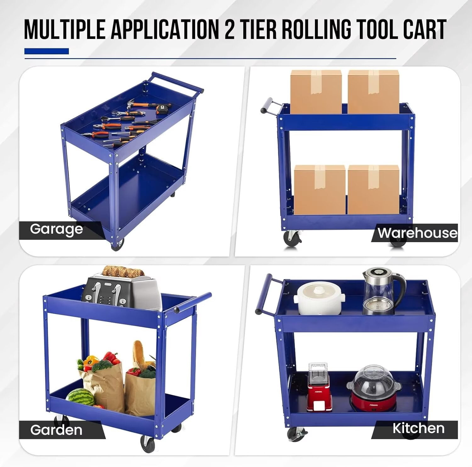 2-Tier Utility Cart, Heavy Duty Steel Rolling Cart, 300lb Multi-Purpose Tool Organizer, Metal Garage Organizer Tool Cart for Warehouse, Garage, Garden, Kitchen