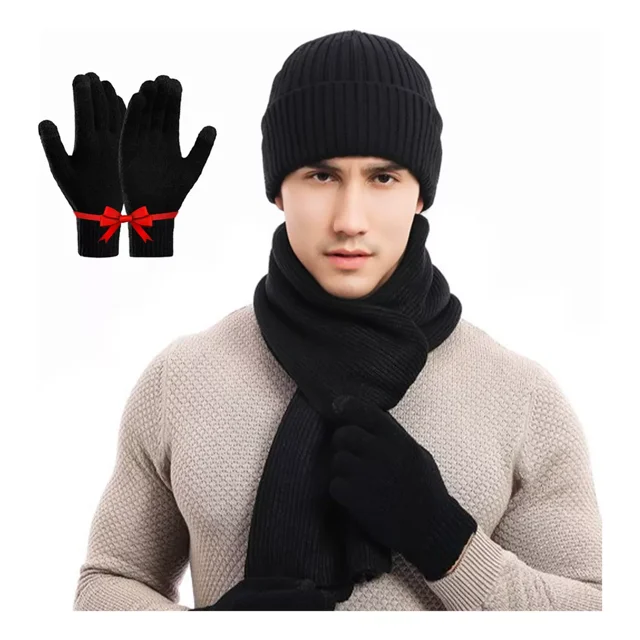 3 Conjunto Gorro Bufanda Guantes Frío Tejido Lana Unisex