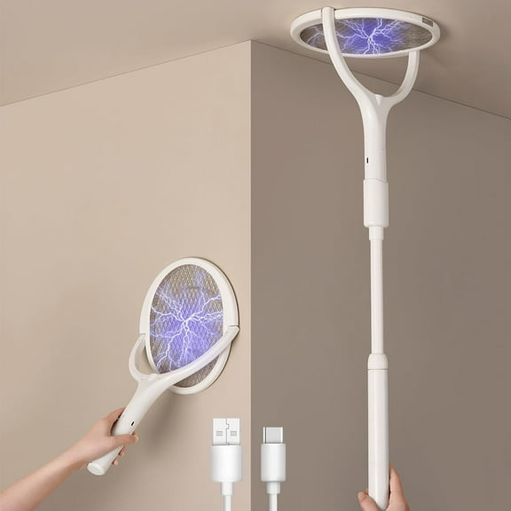 Vorfor Rotating Head Electric Fly Swatter Racket Rechargeable Bug Zapper, Mosquito Electric Fly Swatter Racket with Telescopic Extension Indoor, White