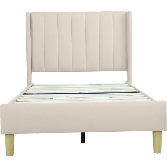 AGARTT Upholstered Platform Bed Frame Twin Size with Headboard and Footboard/Wooden Slats Support/No Box Spring Needed/Easy Assembly,Beige Linen