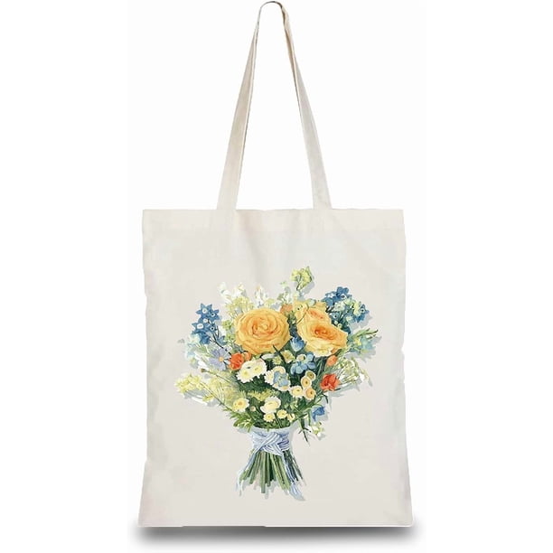 Bolsa de algodón con diseño de rosas amarillas, ligera, reutilizable, ecológica, para manualidades y manualidades, multifunción.