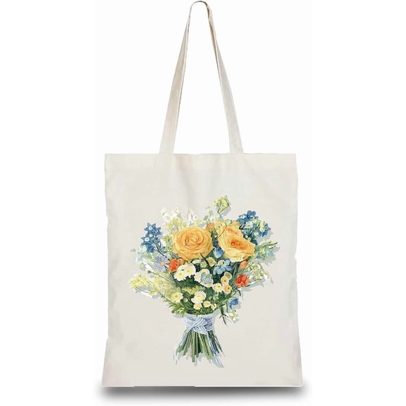 Cotton Tote Bag Canvas Grocery Yellow Rose Flower Bag Lightweight Reusable Eco-Friendly DIY Craft Multi-Function Pouches for Crafts Shopping Groceries Christmas Gifts 13.3x15 inch Colorful