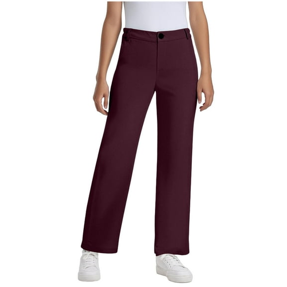 Lenpel Girls' Dress Pants Elastic High Waisted Straight Leg Twill Casual Trousers School Pants with Pockets 7-16 Y