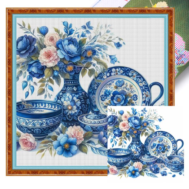 Kit Punto Cruz Porcelana Impresa Hilo Algodón Ecológico Bordado 11CT 40x40cm