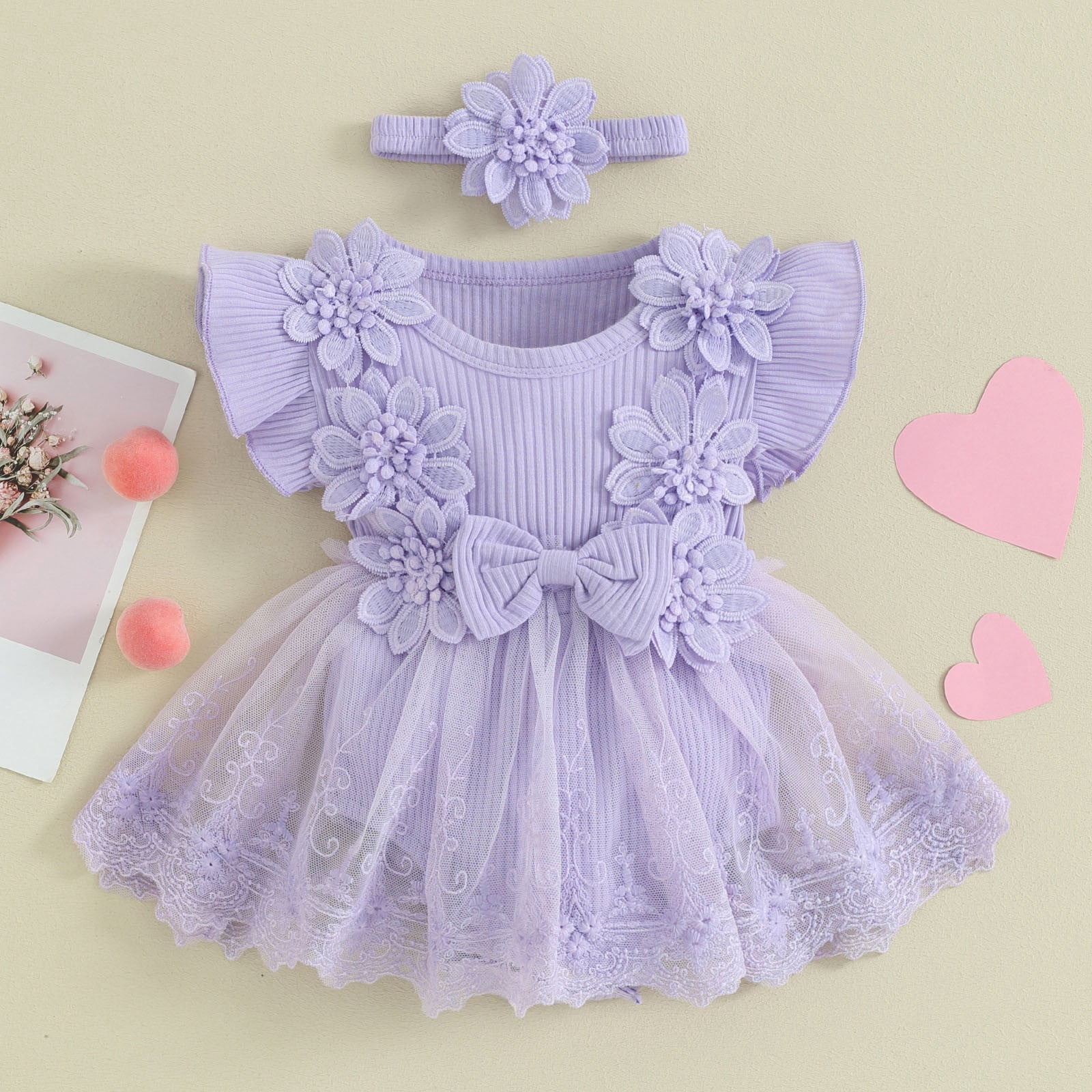 felwors Baby Girl Romper Dress Baby Dress Romper Flowers Lace Girl Spring Summer Clothes with Headband (0-3 Months, Purple)
