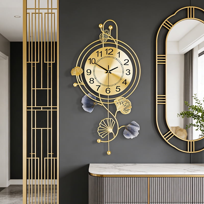 Elegant Metal Wall Clock with Pendulum and Gold and Gray Leaves, Modern Non-Walking Silent Metal Wall Clock