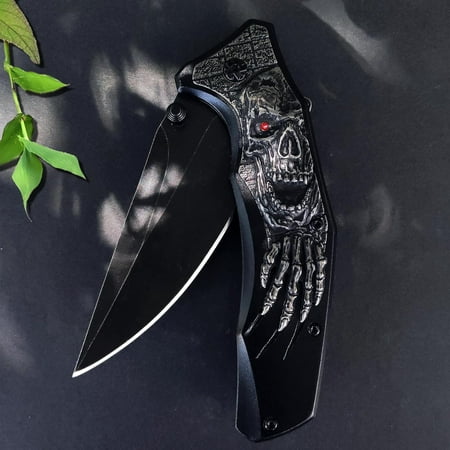 TRAHOO-Pocket Knife Cool Pocket Folding Knife with 3D Embossed SKULL patterns Great festival Halloween Christmas Gift EDC knife For Men Outdoor Survival Camping (Black)