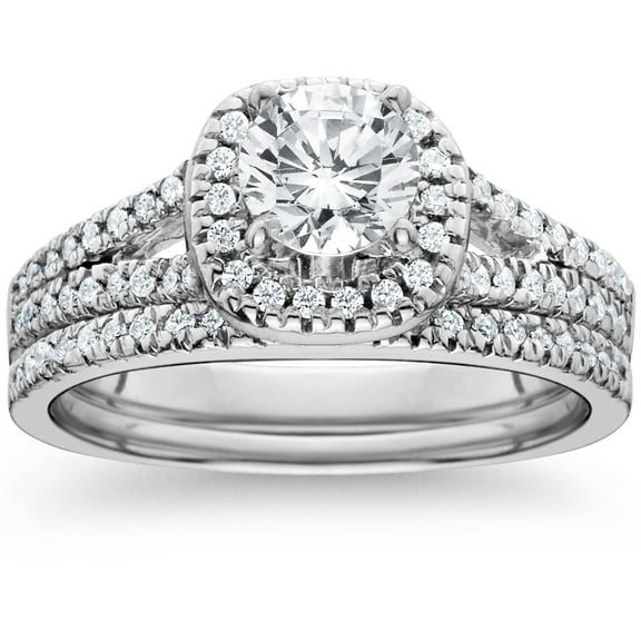 Pompeii 1ct Halo Diamond Engagement Ring Set Split Shank Bridal Wedding 14K White Gold
