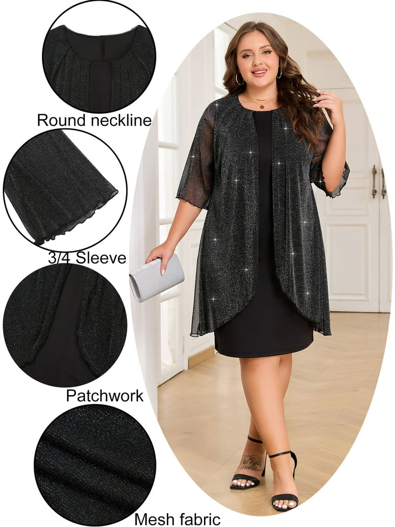 LapaPlus Women Plus Size Evening Gown with Silver Mesh Overlay Cocktail  Dress  Elegant Fake Two-Piece Design for Weddings Guest, Prom, Formal  Galas  - Walmart.com