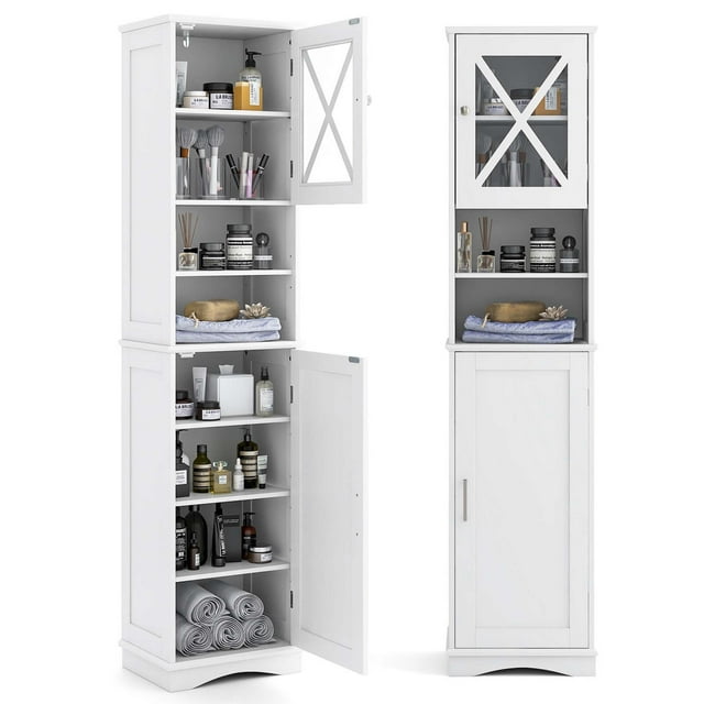 Costway Armoire de Salle de Bain Autoportante de 67 Pouces avec 5 Tablettes Ajustables Blanche