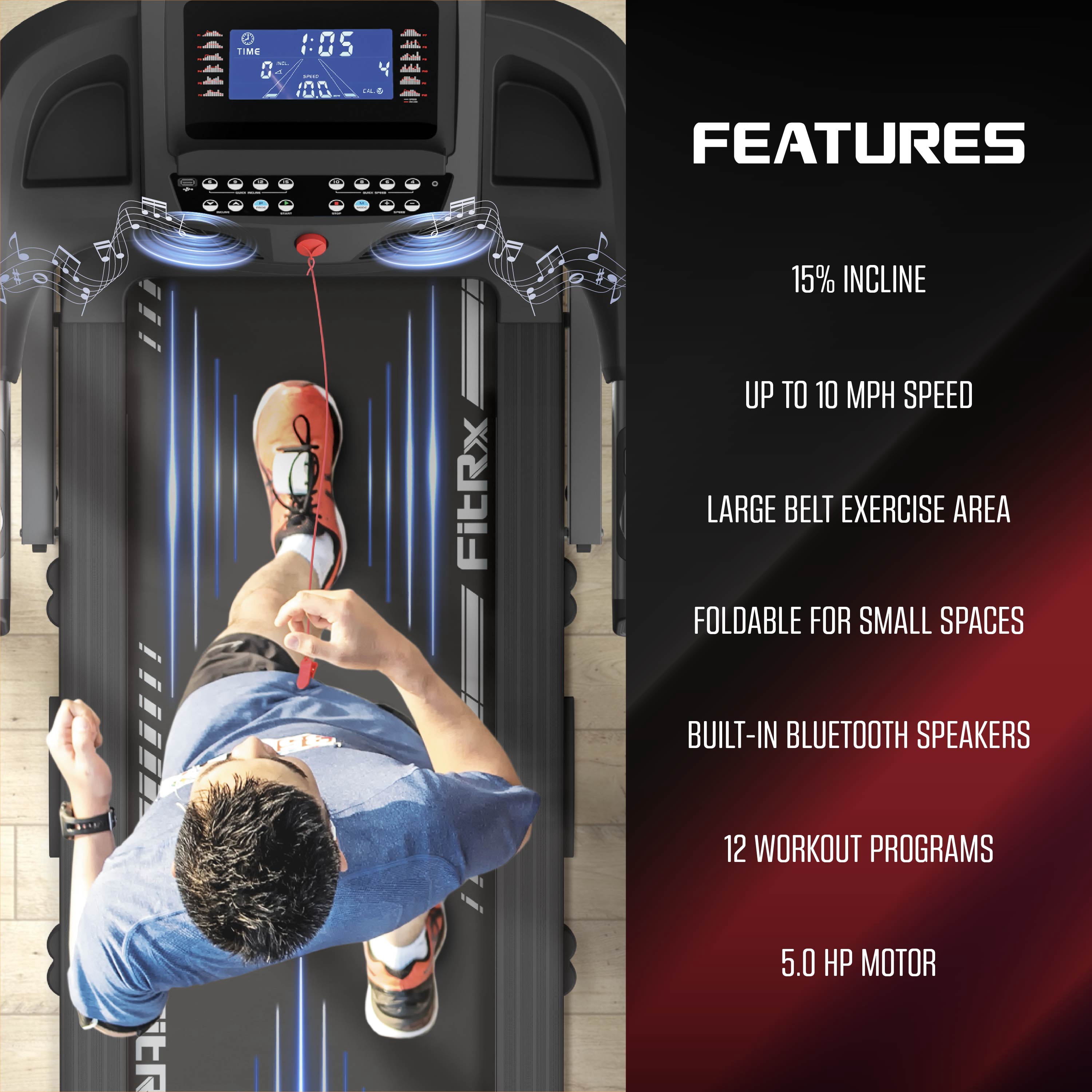 FitRx Crossrun Folding Treadmill, 300lbs Capacity Large Foldable Treadmill for Home Workout with Incline, App, Bluetooth Speakers, and 5” LED Screen