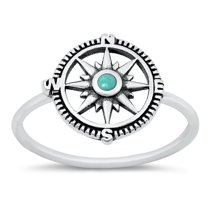 CHOOSE YOUR COLOR Simulated Turquoise Compass Ring .925 Sterling Silver Band Blue CZ Female Size 10