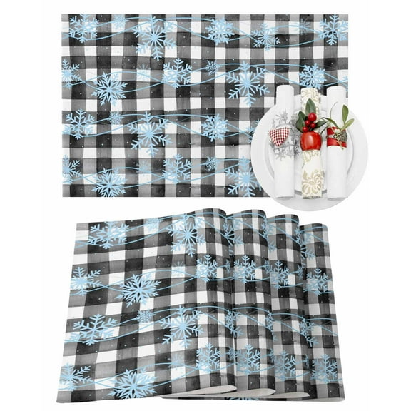Christmas Placemats Set of 6, Blue Snowflake Place Mats Snow Winter Black Buffalo Plaid Placemat Table Decoration for Kitchen Table Dinner Xmas Holiday Party Home Decor Indoor Outdoor 13x19 Inch