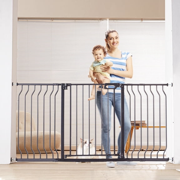 BENTISM 30" Baby Gate for Stairs Doorways, Fits Openings 29.5" to 53" Wide, Auto Close Extra Wide Dog Gate for House, Pressure Mounted Easy Walk Through Pet Gate with Door, Black