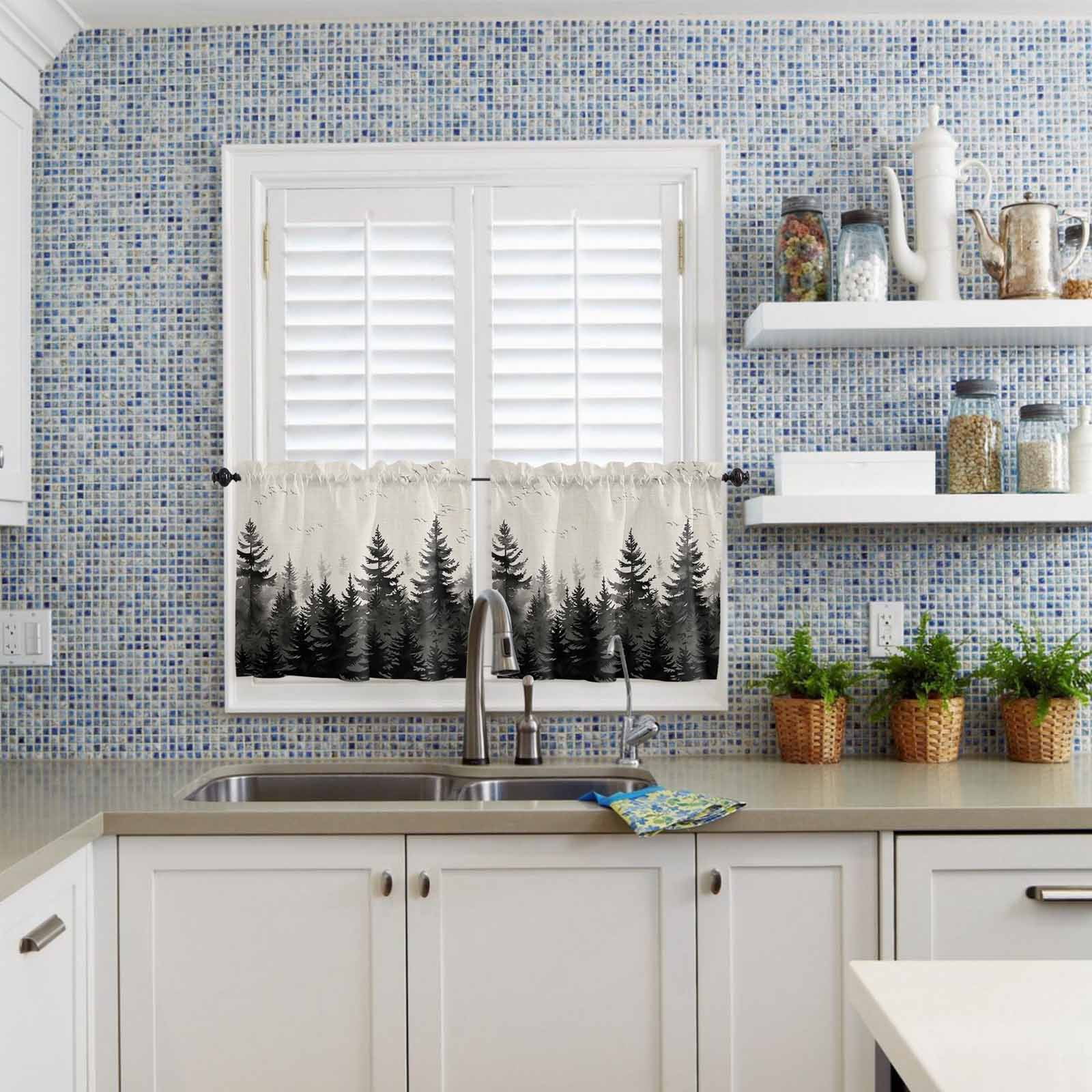 Black Forest Kitchen Curtains Valance and Tier Set Tree Bird Nature Landscape Linen Rod Pocket Short Curtains for Small Window 3 Pieces Set for Bedroom Bathroom Cafe (54" x 18"+27" x 24")