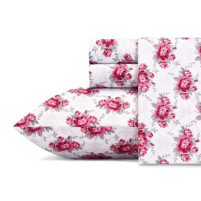Betsey Johnson Ensemble de Draps à Motif de Crâne et Treillis Rose, Grand Lit,