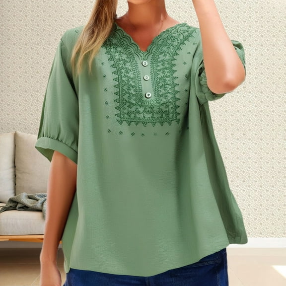 Women's Long Sleeve T-shirt 3/4 Sleeve Linen Shirts For Women 2025 Cotton Summer Retro Embroidered Boho Tops Casual Trendy Vacation Blouse,Green Women's Long sleeve T-shirt XXL