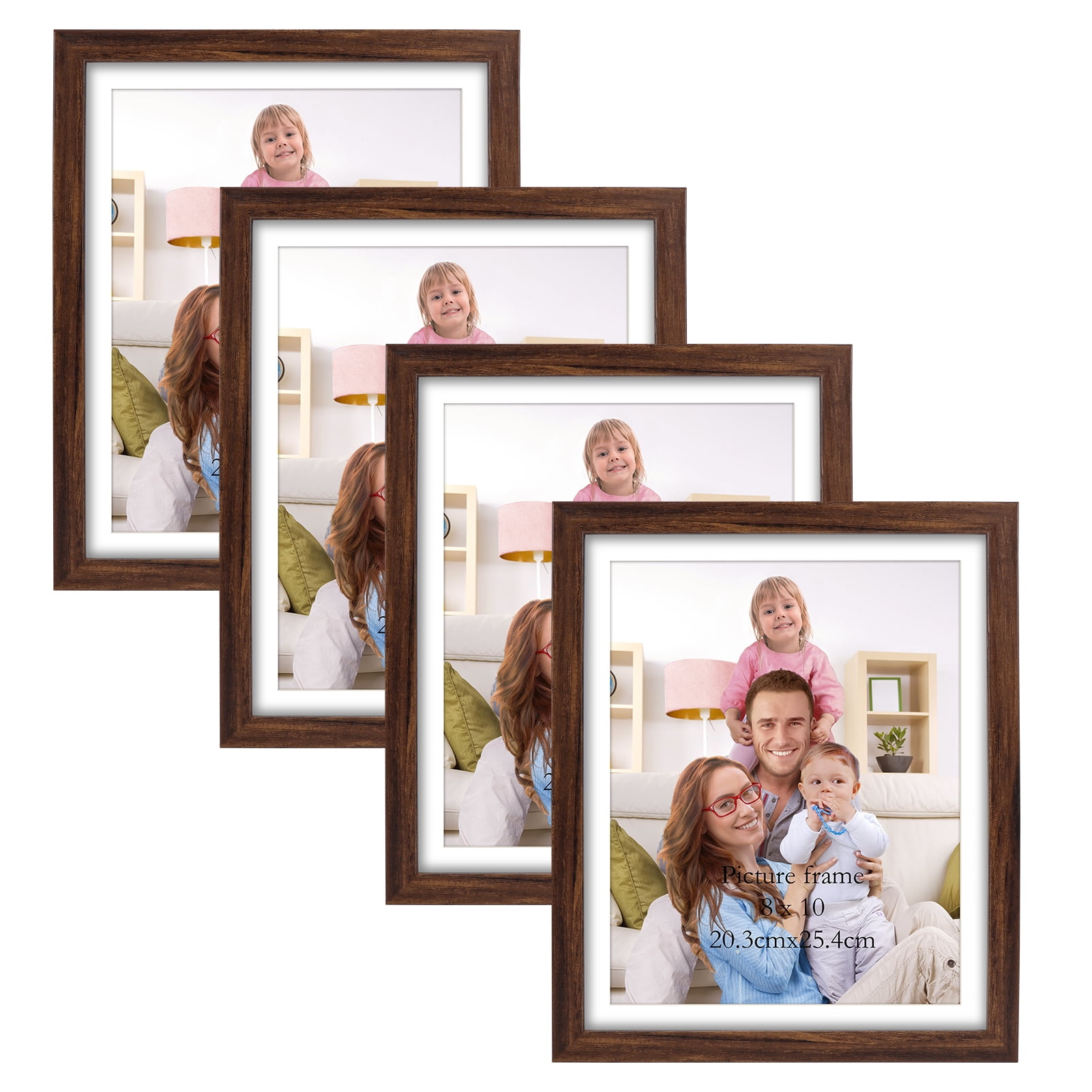 4 Pack 8x10 Picture Frame Brown with Mat, 9.4x11.7 Outer Frames Matted to 8 x 10 Photos for Wall