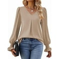 thumbnail image 3 of Women'S 2025 Long Sleeve Tops Dressy Casual V Neck Tunic Shirts Loose Chiffon Work Blouse Khaki XL, 3 of 4