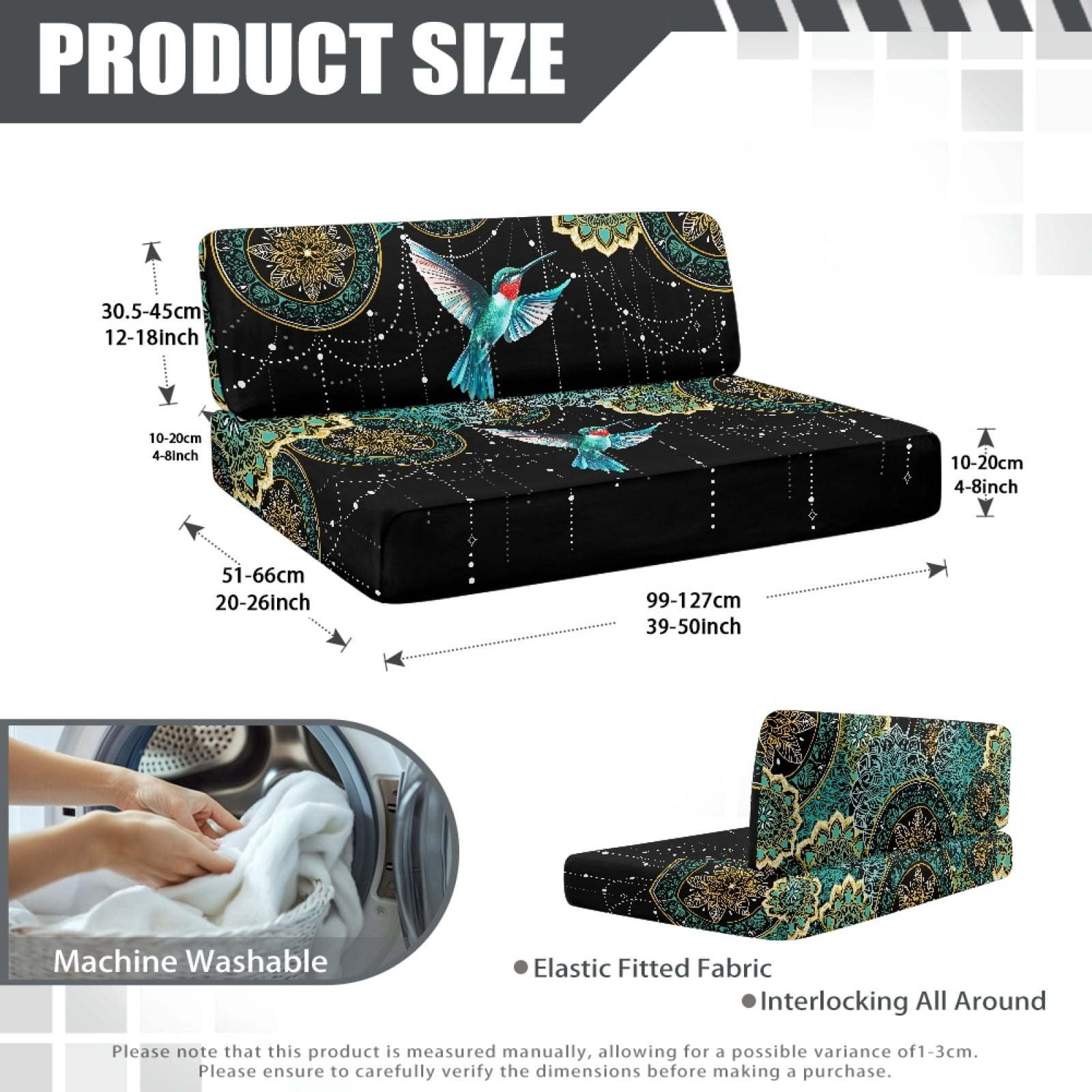 FOR U DESIGNS Boho Mandala Hummingbird Pattern 2 Pcs RV Dinette Cushion Covers Breathable Camper Cushion Slipcover Stretch 2 Seat Sofa Chair Cover Camper Seat Covers Dinette Booth