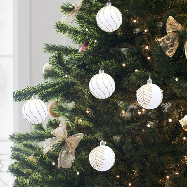 Bolas Navideñas de 6 Cm con Acabado Flocado, Bolas Colgantes de Plástico Brillante, Juego de Cuatro Adornos para Árbol de Navidad | Material Flocado Blanco | 6 Cm | 51 G | Varios Estilos | Colores Co