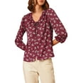 thumbnail image 4 of MODA NOVA Junior's Floral Ruffle Tie V Neck Button Down Blouse Plum S, 4 of 5