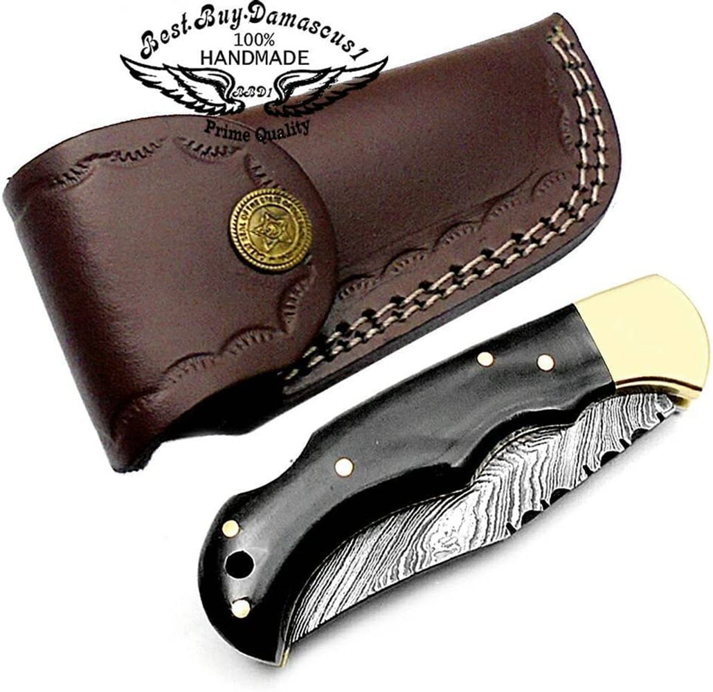 Best.Buy.Damascus1 Pocket Knife Set, Buffalo Horn Damascus Steel Hunting Knives, 3 in Blade, Black