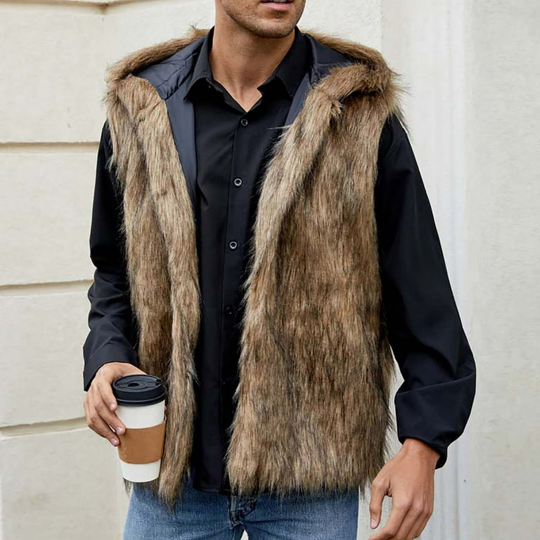 HOOMEUMY Men's Faux Fur Vest Hooded Winter Warm Open Front