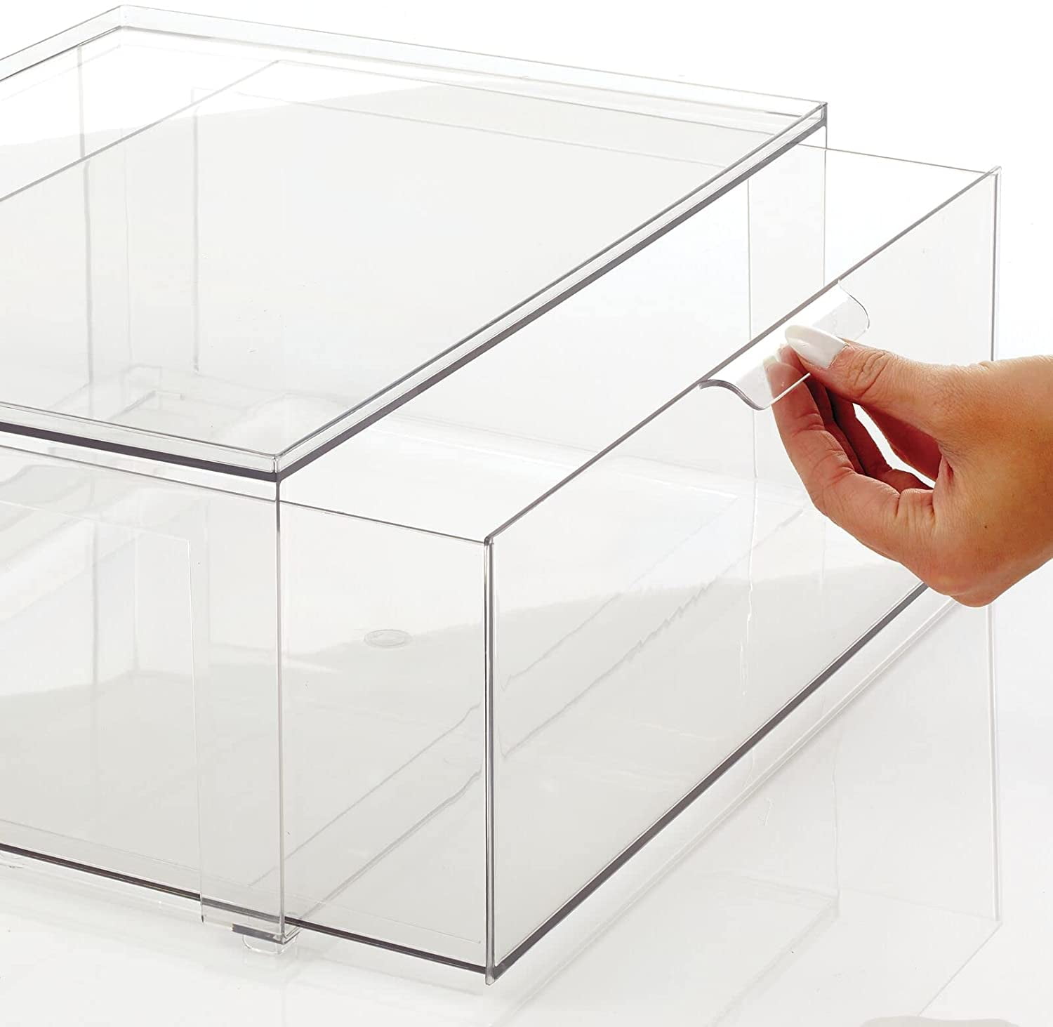 Plastic Stackable Kitchen Storage Organizer Bin Containers with Front Pull Drawer for Cabinet, Pantry, Fridge, Freezer, Shelf, Refrigerator Organization - Lumiere Collection - Clear